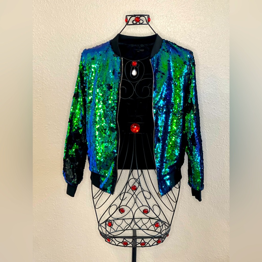 Haoduoyi Jacket Women's Small Dressy Sparkle Mermaid Green/Blue Sequin Zip